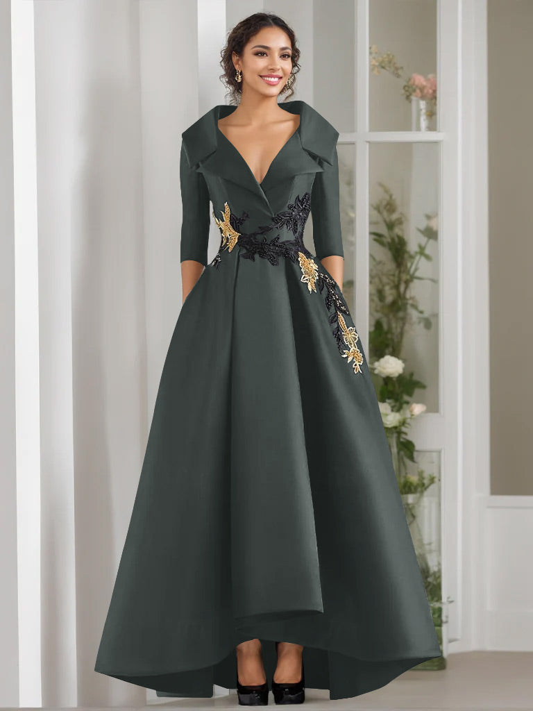 3/4 Sleeves Beading V-Neck A-Line Princess Mother of the Bride Dress with Appliques