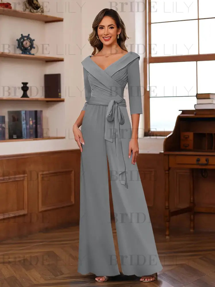 3/4 Sleeves V-Neck Chiffon Mother of the Bride Jumpsuit Pleated Women Wear Outfit