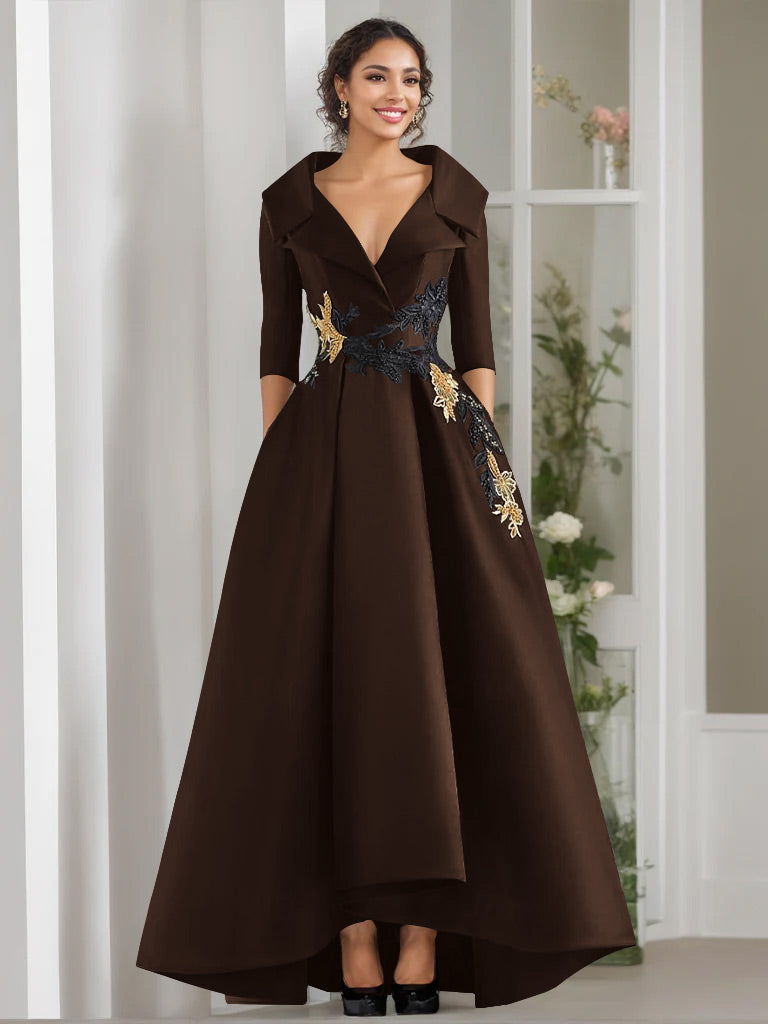 3/4 Sleeves Beading V-Neck A-Line Princess Mother of the Bride Dress with Appliques