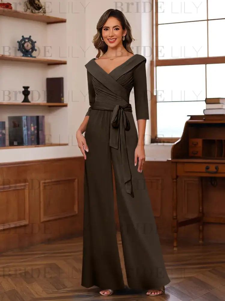 3/4 Sleeves V-Neck Chiffon Mother of the Bride Jumpsuit Pleated Women Wear Outfit