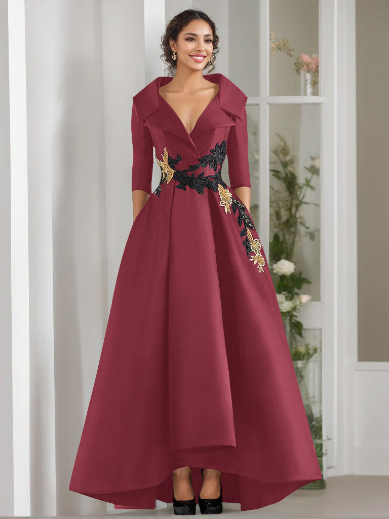 3/4 Sleeves Beading V-Neck A-Line Princess Mother of the Bride Dress with Appliques