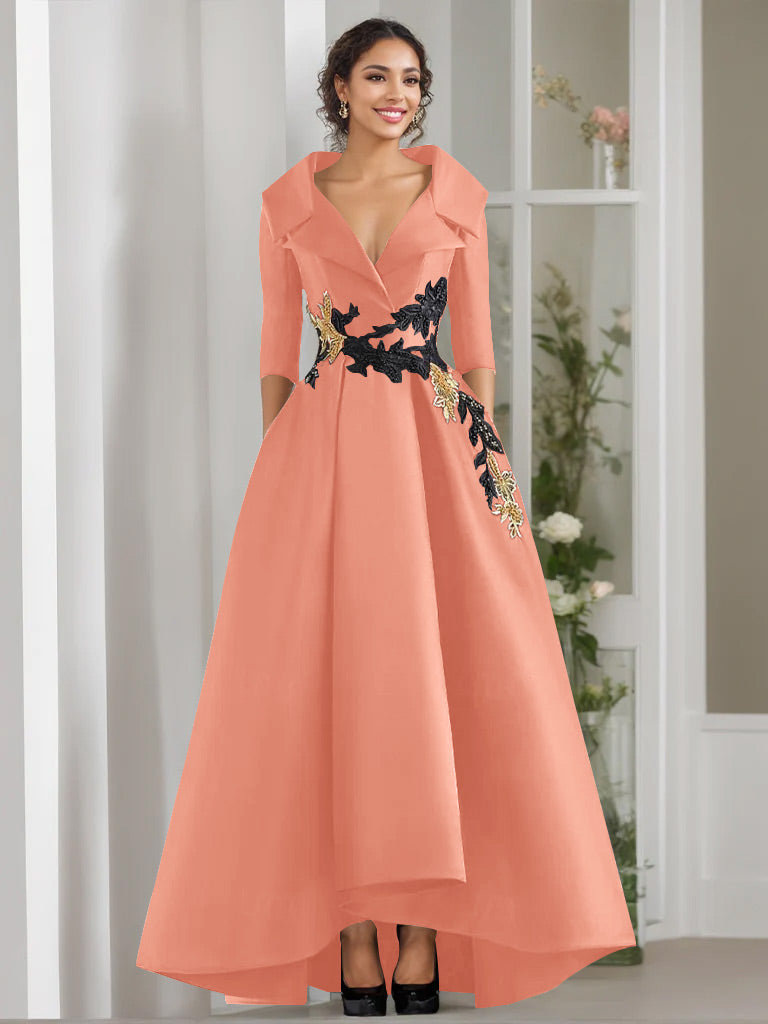 3/4 Sleeves Beading V-Neck A-Line Princess Mother of the Bride Dress with Appliques