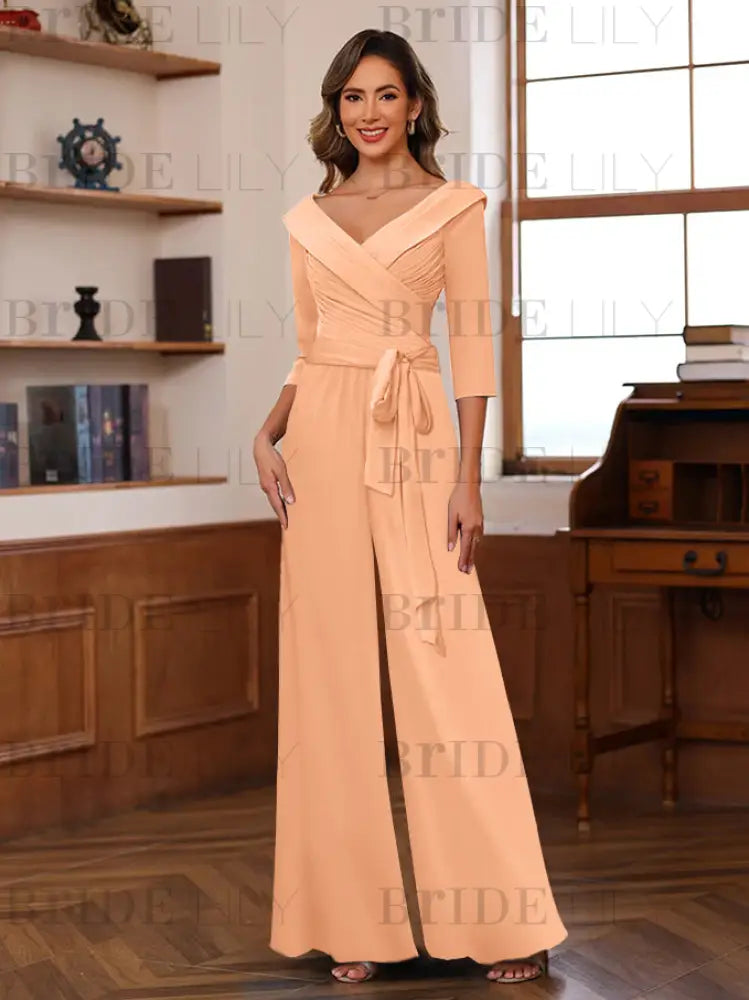 3/4 Sleeves V-Neck Chiffon Mother of the Bride Jumpsuit Pleated Women Wear Outfit