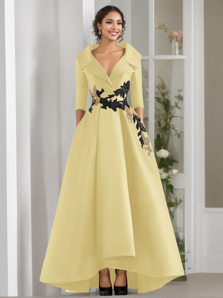 3/4 Sleeves Beading V-Neck A-Line Princess Mother of the Bride Dress with Appliques