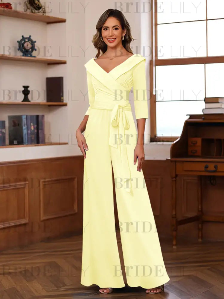 3/4 Sleeves V-Neck Chiffon Mother of the Bride Jumpsuit Pleated Women Wear Outfit