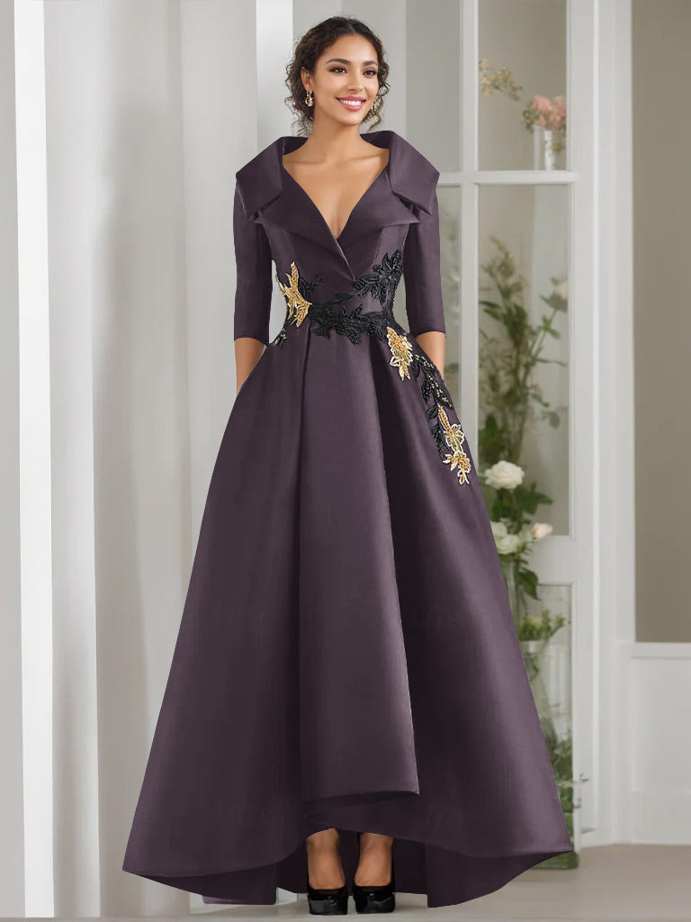 3/4 Sleeves Beading V-Neck A-Line Princess Mother of the Bride Dress with Appliques