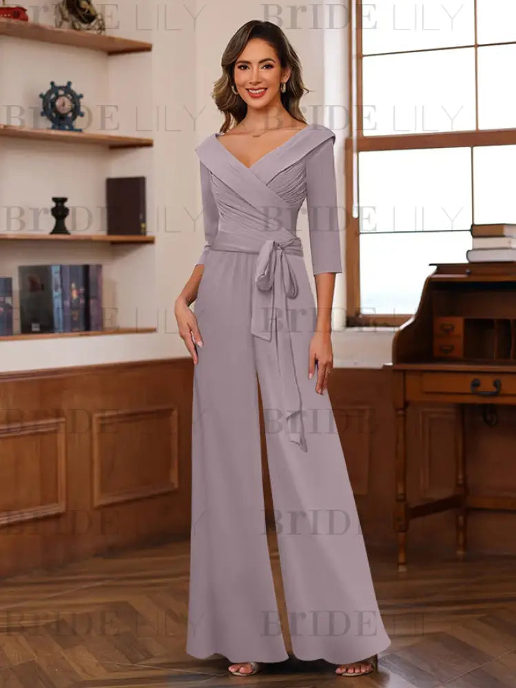 3/4 Sleeves V-Neck Chiffon Mother of the Bride Jumpsuit Pleated Women Wear Outfit