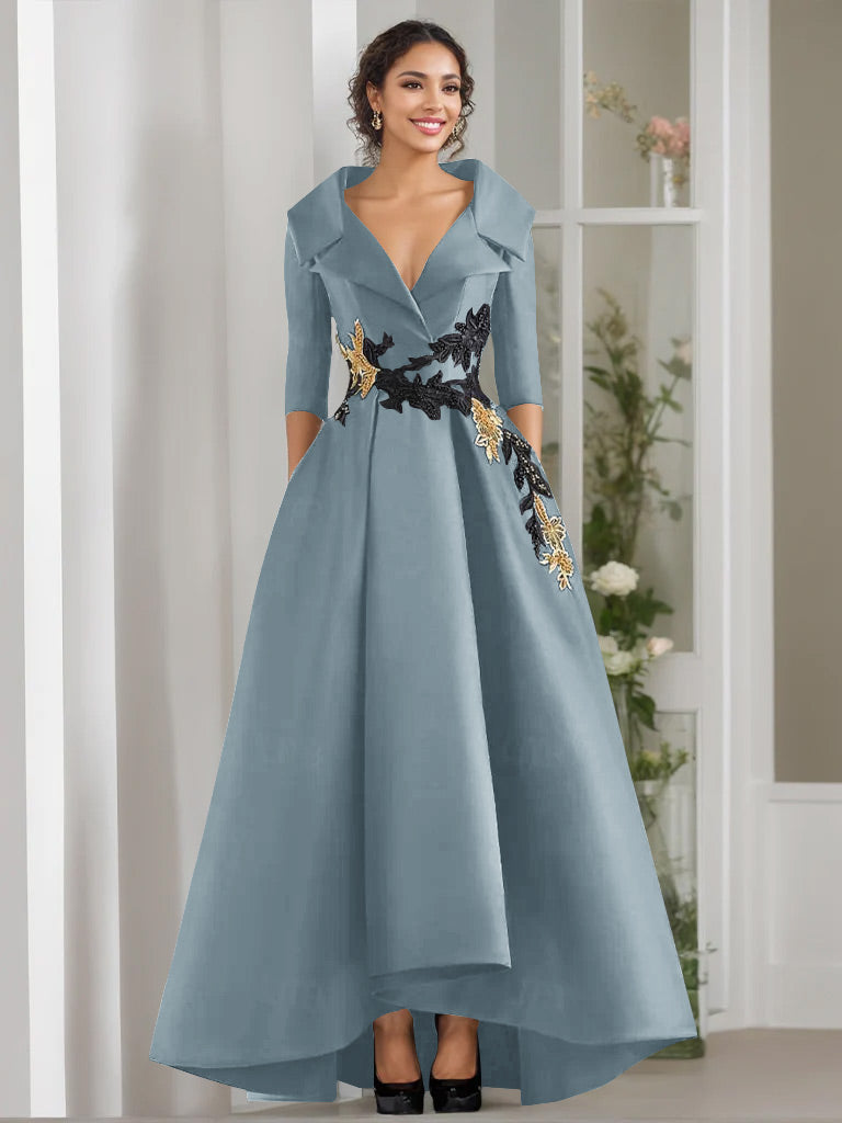 3/4 Sleeves Beading V-Neck A-Line Princess Mother of the Bride Dress with Appliques