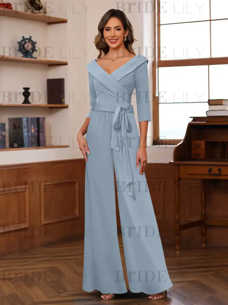 3/4 Sleeves V-Neck Chiffon Mother of the Bride Jumpsuit Pleated Women Wear Outfit