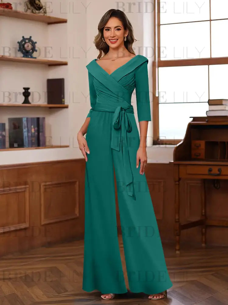 3/4 Sleeves V-Neck Chiffon Mother of the Bride Jumpsuit Pleated Women Wear Outfit