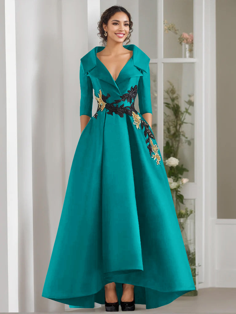 3/4 Sleeves Beading V-Neck A-Line Princess Mother of the Bride Dress with Appliques