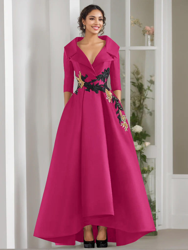 3/4 Sleeves Beading V-Neck A-Line Princess Mother of the Bride Dress with Appliques