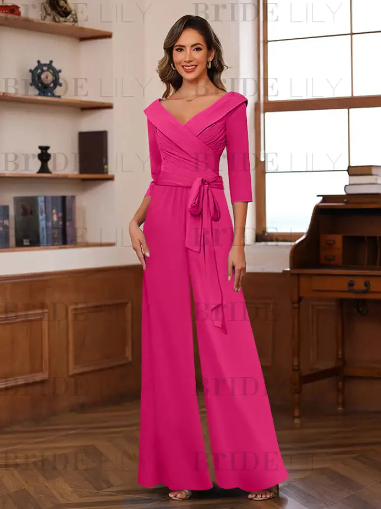 3/4 Sleeves V-Neck Chiffon Mother of the Bride Jumpsuit Pleated Women Wear Outfit