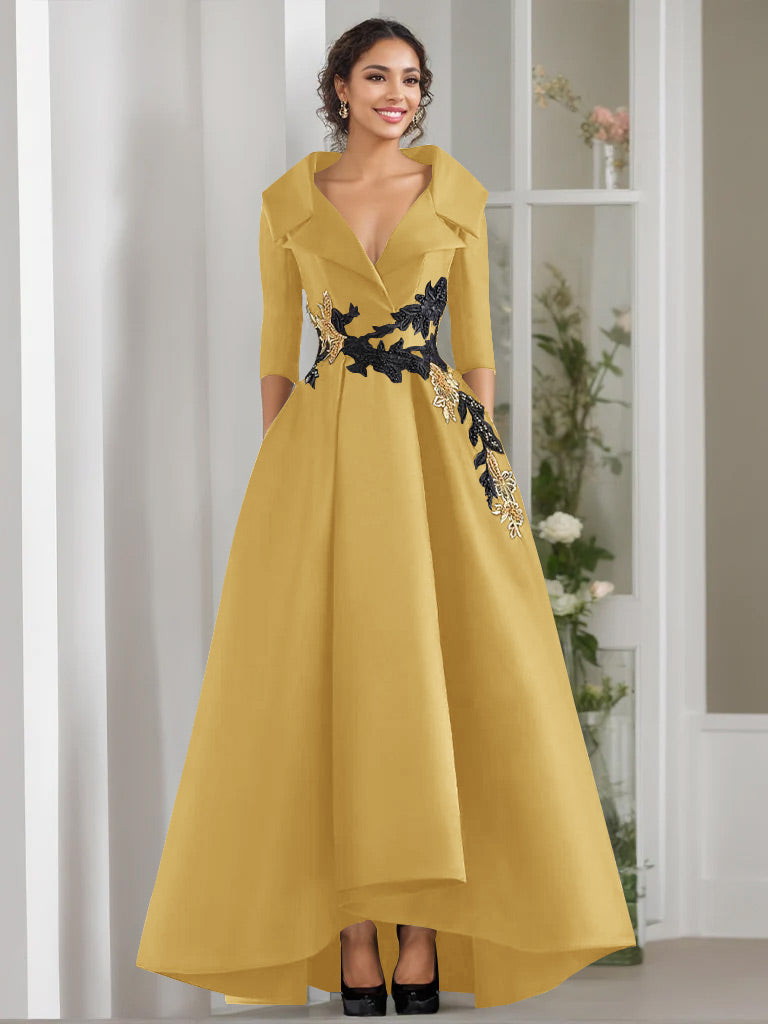 3/4 Sleeves Beading V-Neck A-Line Princess Mother of the Bride Dress with Appliques