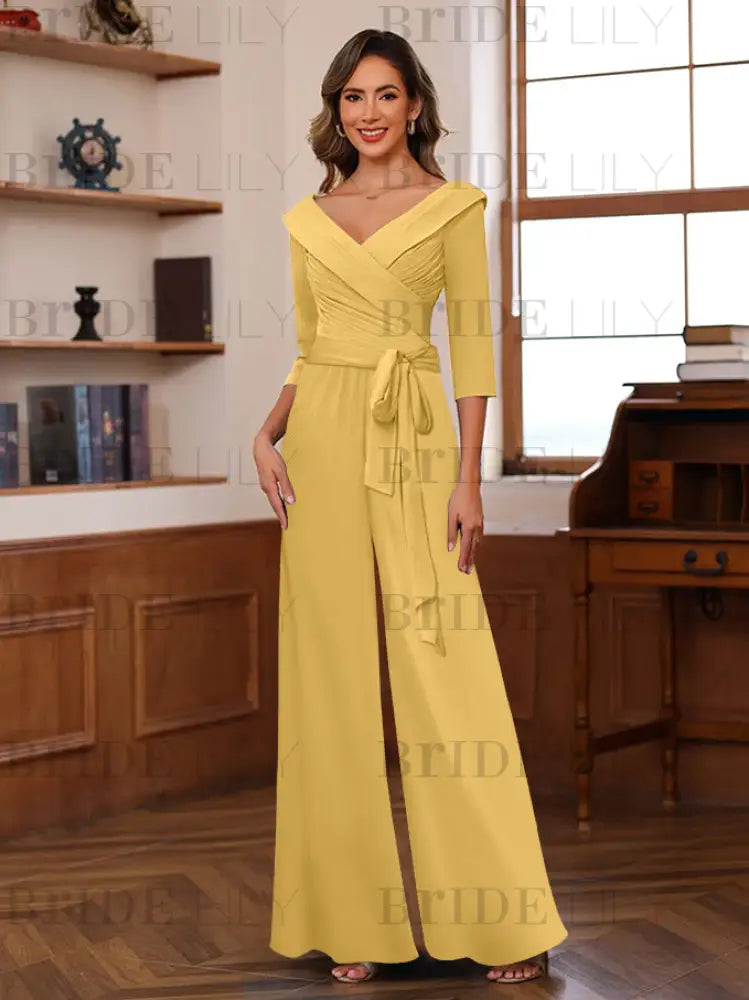 3/4 Sleeves V-Neck Chiffon Mother of the Bride Jumpsuit Pleated Women Wear Outfit