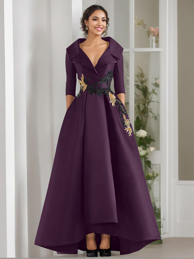 3/4 Sleeves Beading V-Neck A-Line Princess Mother of the Bride Dress with Appliques