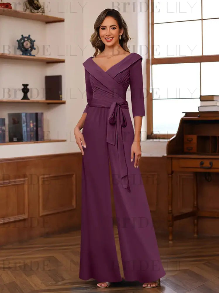 3/4 Sleeves V-Neck Chiffon Mother of the Bride Jumpsuit Pleated Women Wear Outfit