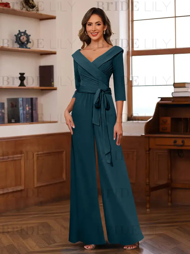 3/4 Sleeves V-Neck Chiffon Mother of the Bride Jumpsuit Pleated Women Wear Outfit