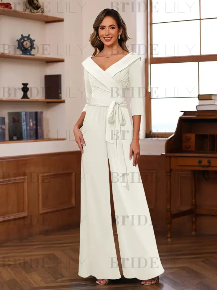 3/4 Sleeves V-Neck Chiffon Mother of the Bride Jumpsuit Pleated Women Wear Outfit