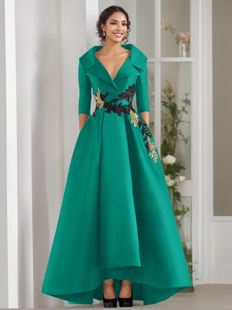 3/4 Sleeves Beading V-Neck A-Line Princess Mother of the Bride Dress with Appliques