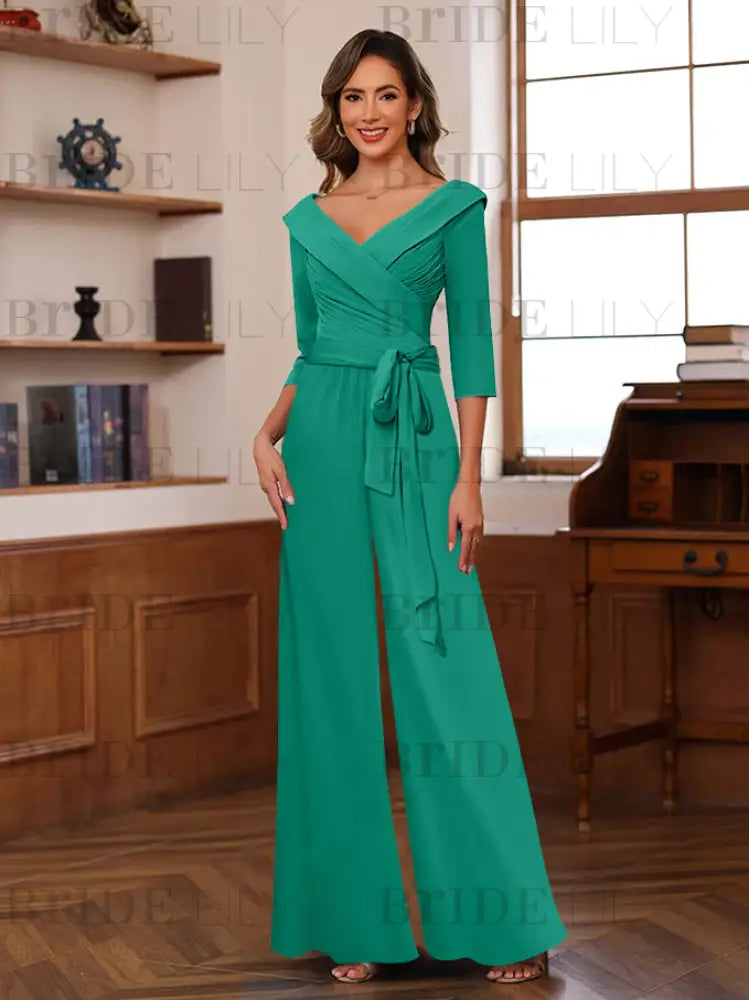 3/4 Sleeves V-Neck Chiffon Mother of the Bride Jumpsuit Pleated Women Wear Outfit