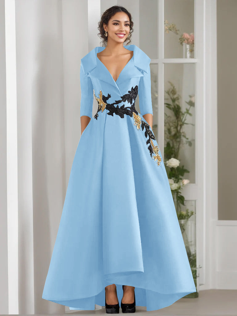 3/4 Sleeves Beading V-Neck A-Line Princess Mother of the Bride Dress with Appliques