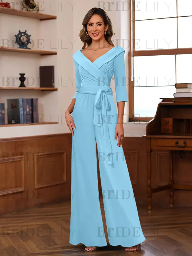 3/4 Sleeves V-Neck Chiffon Mother of the Bride Jumpsuit Pleated Women Wear Outfit
