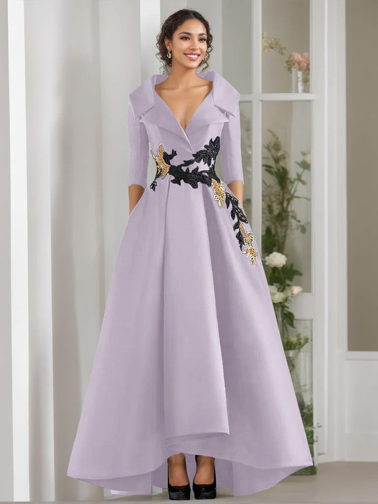 3/4 Sleeves Beading V-Neck A-Line Princess Mother of the Bride Dress with Appliques