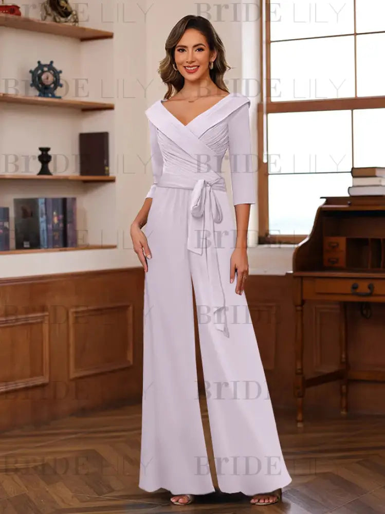 3/4 Sleeves V-Neck Chiffon Mother of the Bride Jumpsuit Pleated Women Wear Outfit