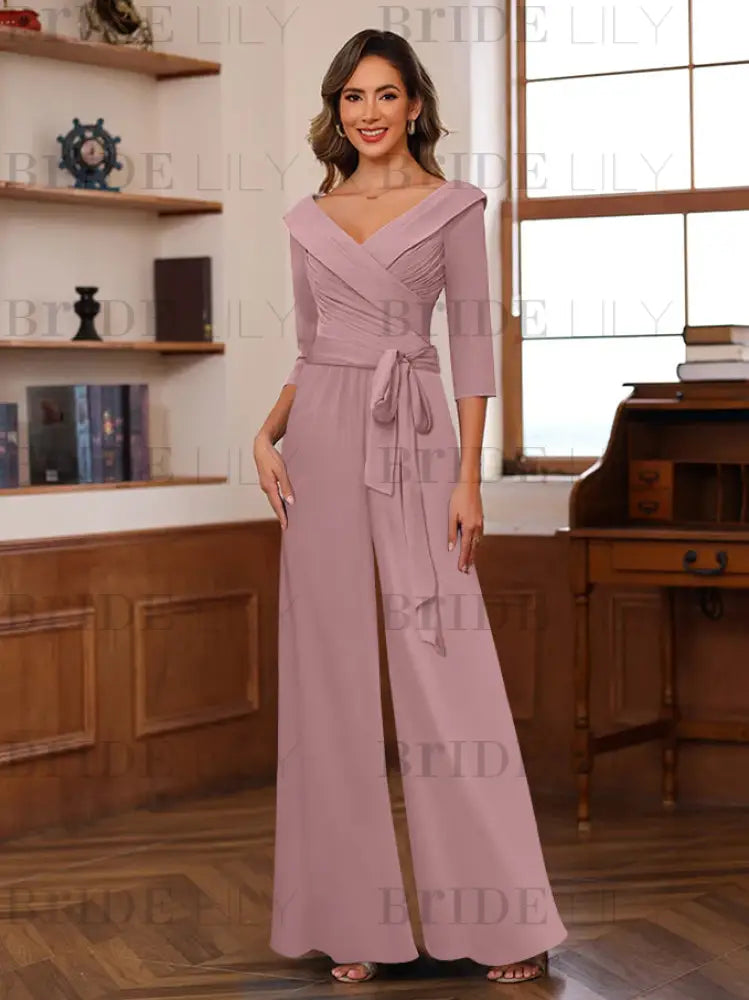 3/4 Sleeves V-Neck Chiffon Mother of the Bride Jumpsuit Pleated Women Wear Outfit