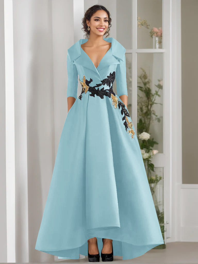 3/4 Sleeves Beading V-Neck A-Line Princess Mother of the Bride Dress with Appliques