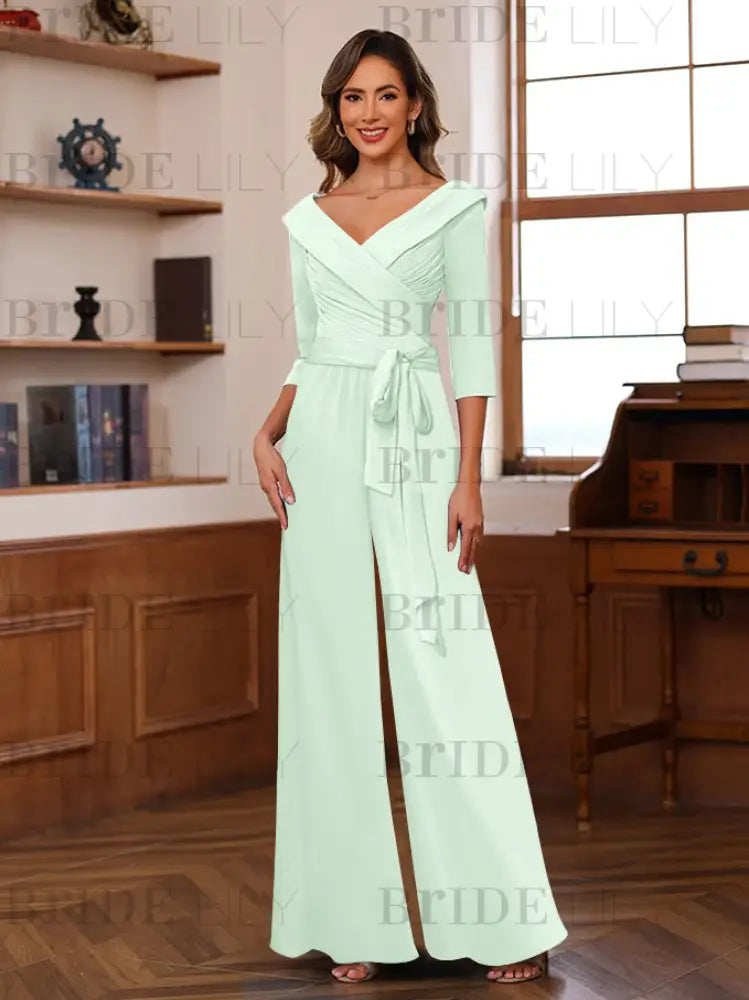 3/4 Sleeves V-Neck Chiffon Mother of the Bride Jumpsuit Pleated Women Wear Outfit