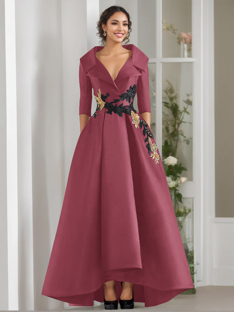 3/4 Sleeves Beading V-Neck A-Line Princess Mother of the Bride Dress with Appliques