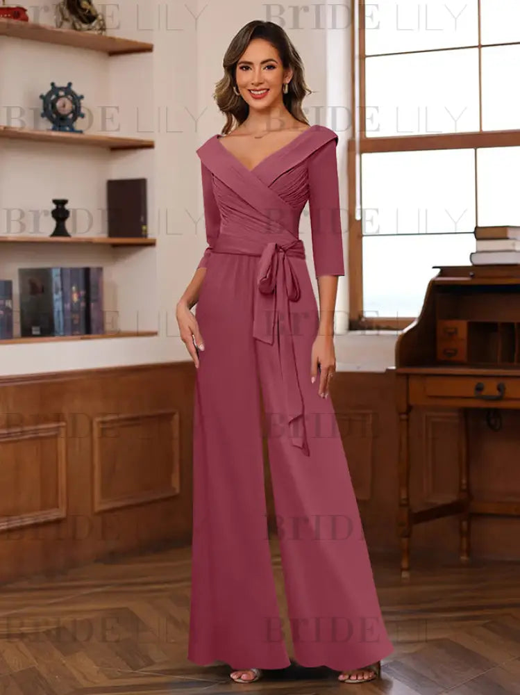 3/4 Sleeves V-Neck Chiffon Mother of the Bride Jumpsuit Pleated Women Wear Outfit
