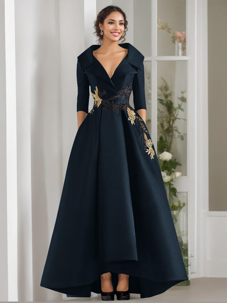 3/4 Sleeves Beading V-Neck A-Line Princess Mother of the Bride Dress with Appliques