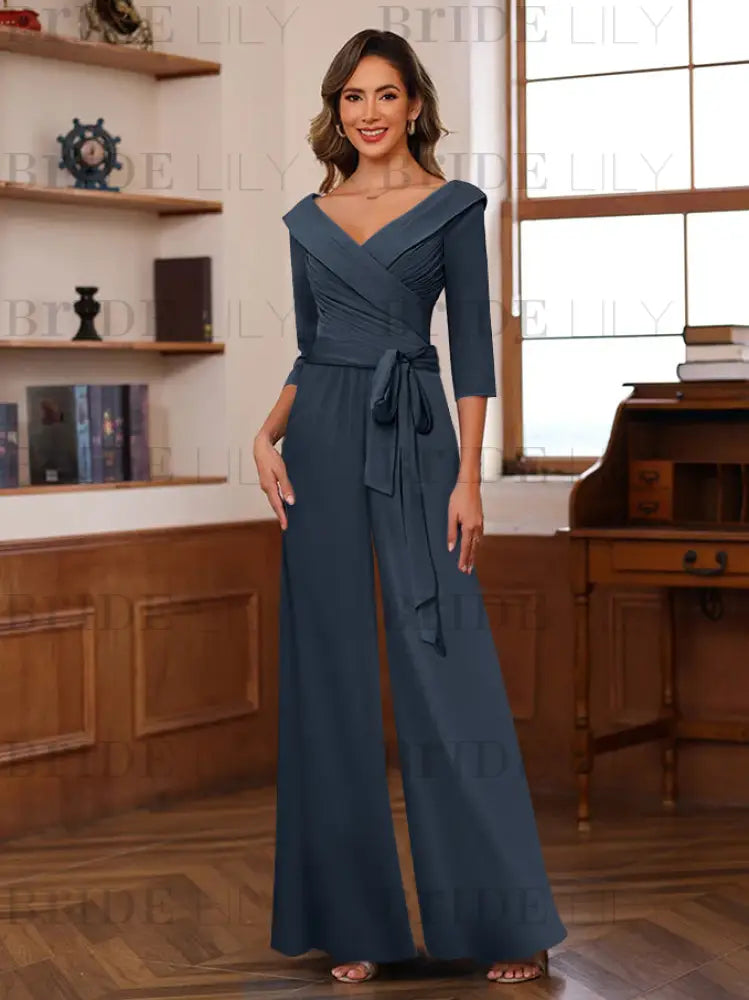 3/4 Sleeves V-Neck Chiffon Mother of the Bride Jumpsuit Pleated Women Wear Outfit