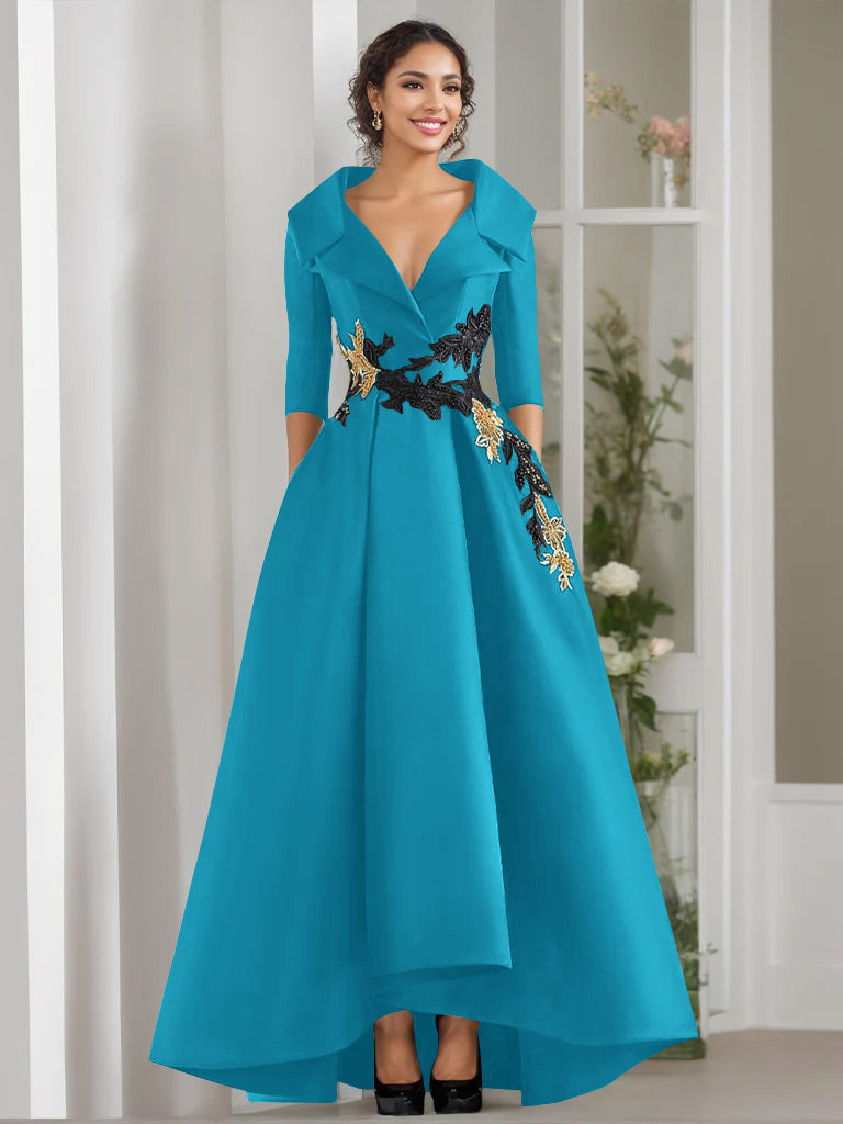 3/4 Sleeves Beading V-Neck A-Line Princess Mother of the Bride Dress with Appliques