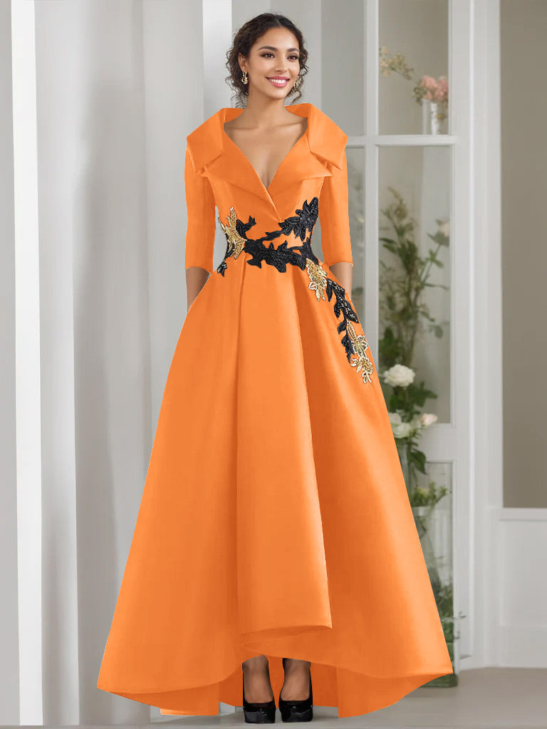 3/4 Sleeves Beading V-Neck A-Line Princess Mother of the Bride Dress with Appliques