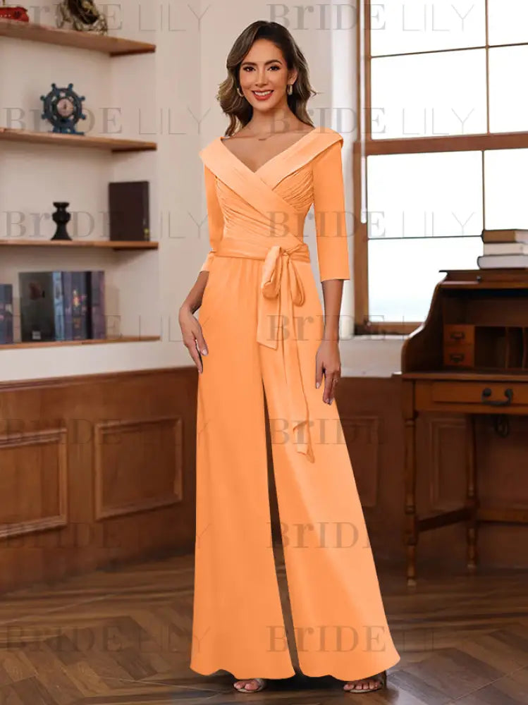 3/4 Sleeves V-Neck Chiffon Mother of the Bride Jumpsuit Pleated Women Wear Outfit