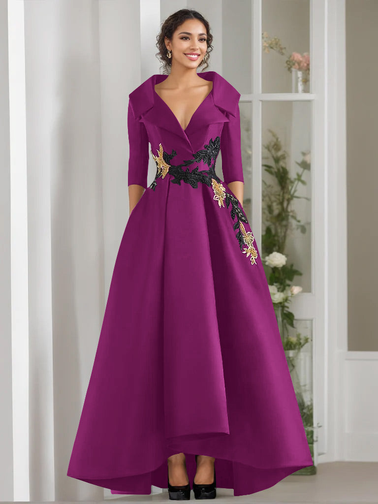 3/4 Sleeves Beading V-Neck A-Line Princess Mother of the Bride Dress with Appliques