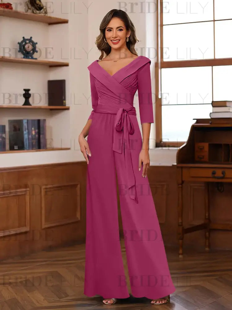 3/4 Sleeves V-Neck Chiffon Mother of the Bride Jumpsuit Pleated Women Wear Outfit
