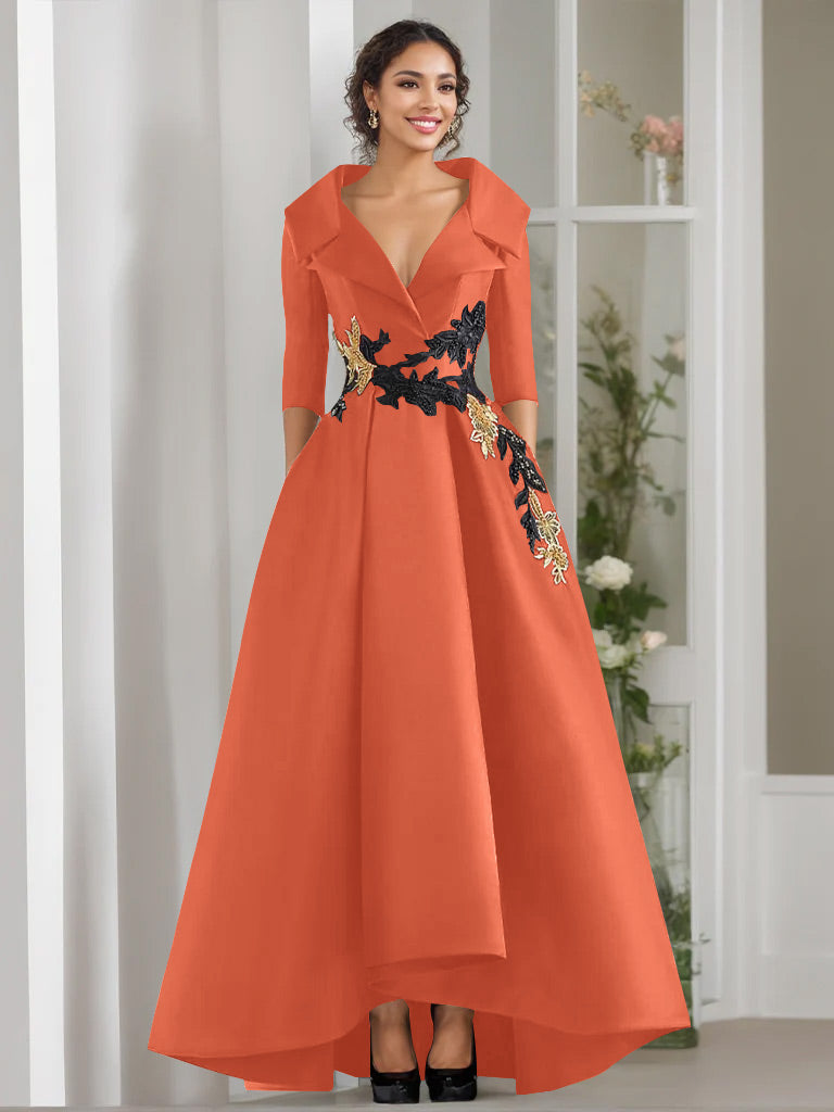 3/4 Sleeves Beading V-Neck A-Line Princess Mother of the Bride Dress with Appliques