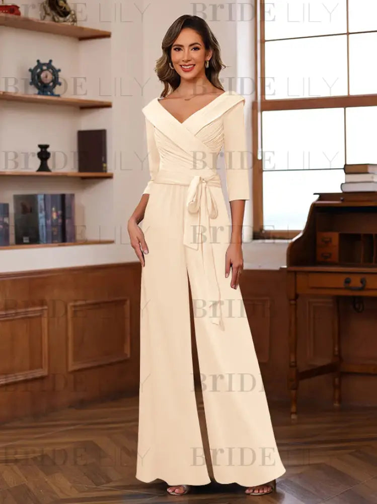 3/4 Sleeves V-Neck Chiffon Mother of the Bride Jumpsuit Pleated Women Wear Outfit