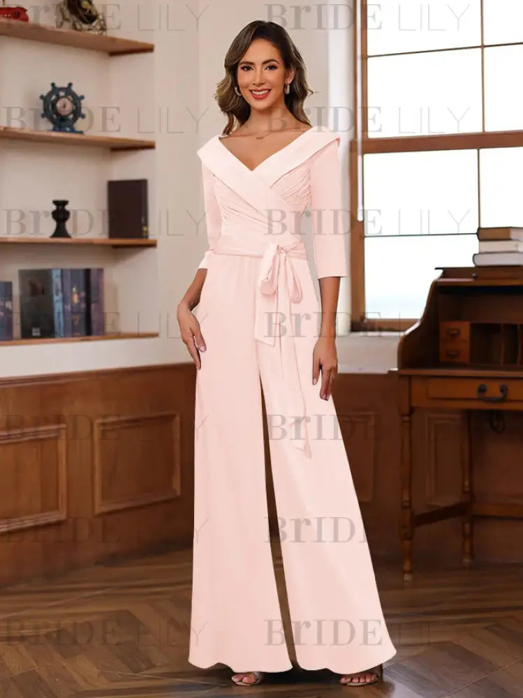 3/4 Sleeves V-Neck Chiffon Mother of the Bride Jumpsuit Pleated Women Wear Outfit