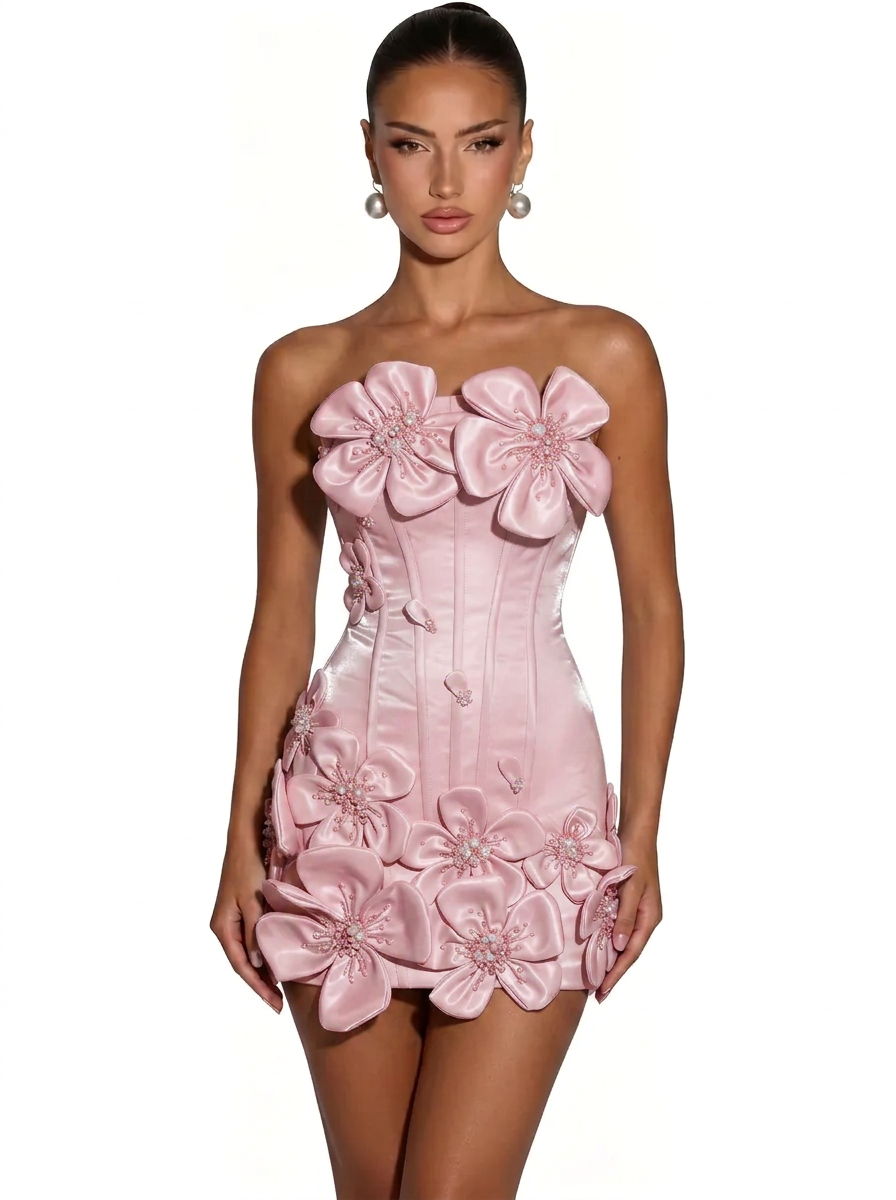 3D Floral Corset Strapless Mini Homecoming Dress with Crystal