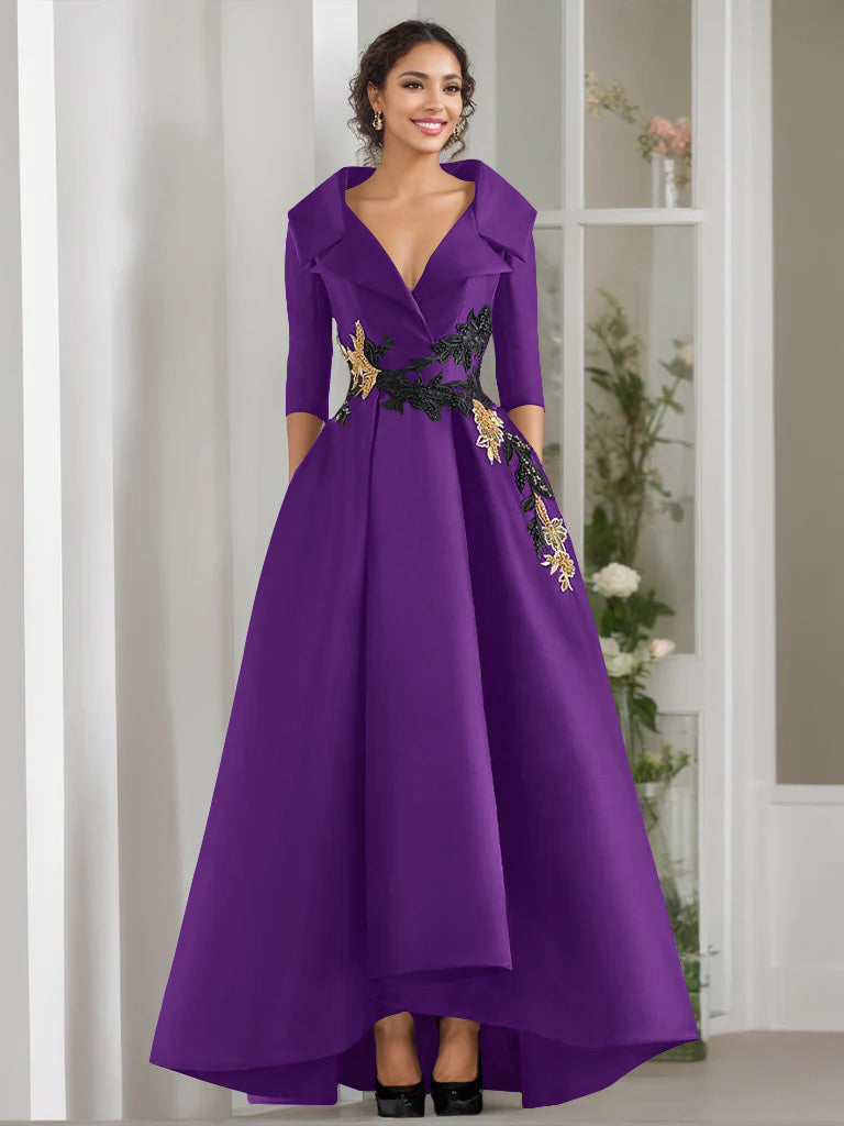 3/4 Sleeves Beading V-Neck A-Line Princess Mother of the Bride Dress with Appliques