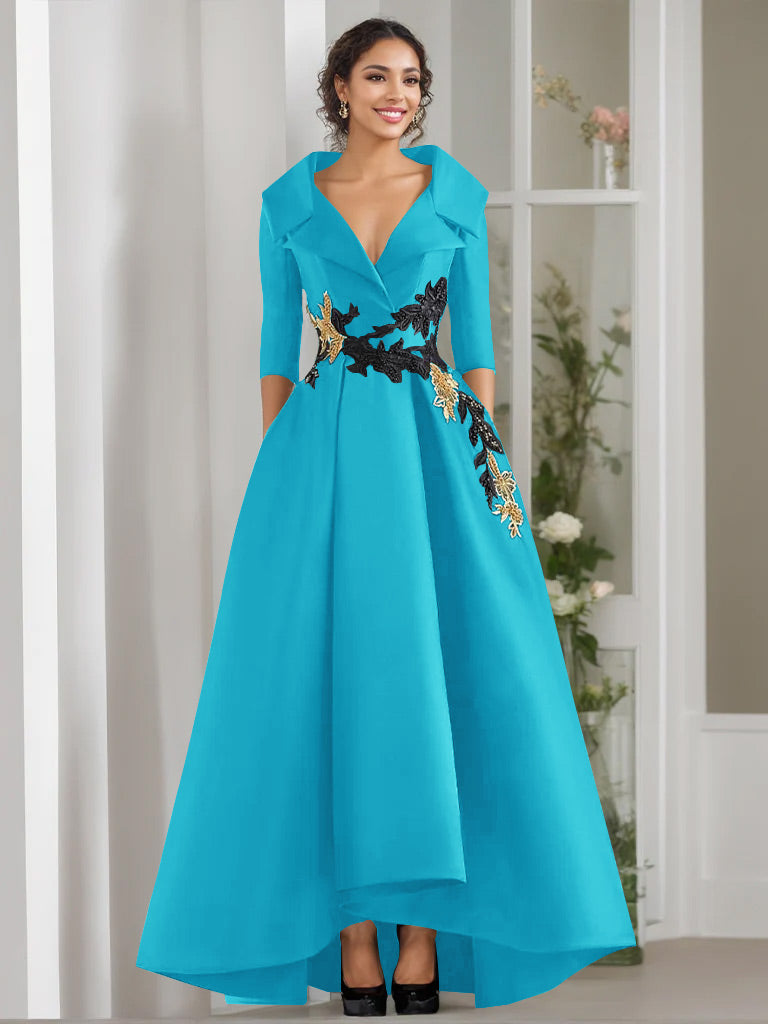 3/4 Sleeves Beading V-Neck A-Line Princess Mother of the Bride Dress with Appliques