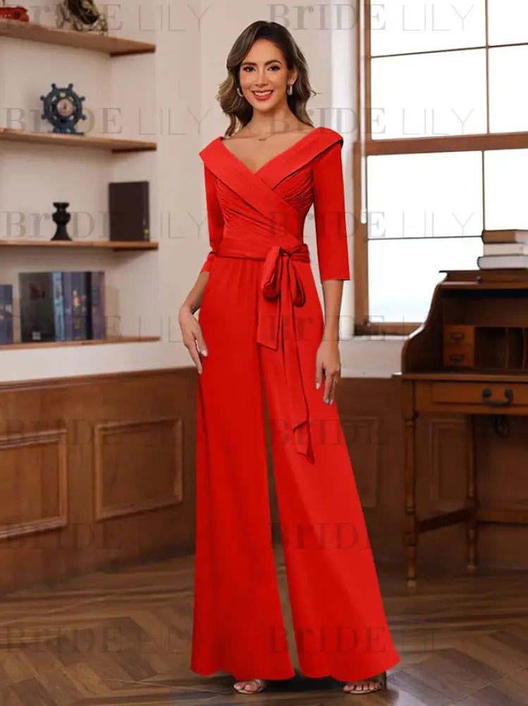 3/4 Sleeves V-Neck Chiffon Mother of the Bride Jumpsuit Pleated Women Wear Outfit