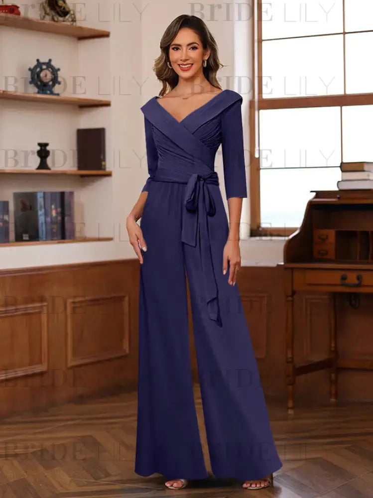 3/4 Sleeves V-Neck Chiffon Mother of the Bride Jumpsuit Pleated Women Wear Outfit