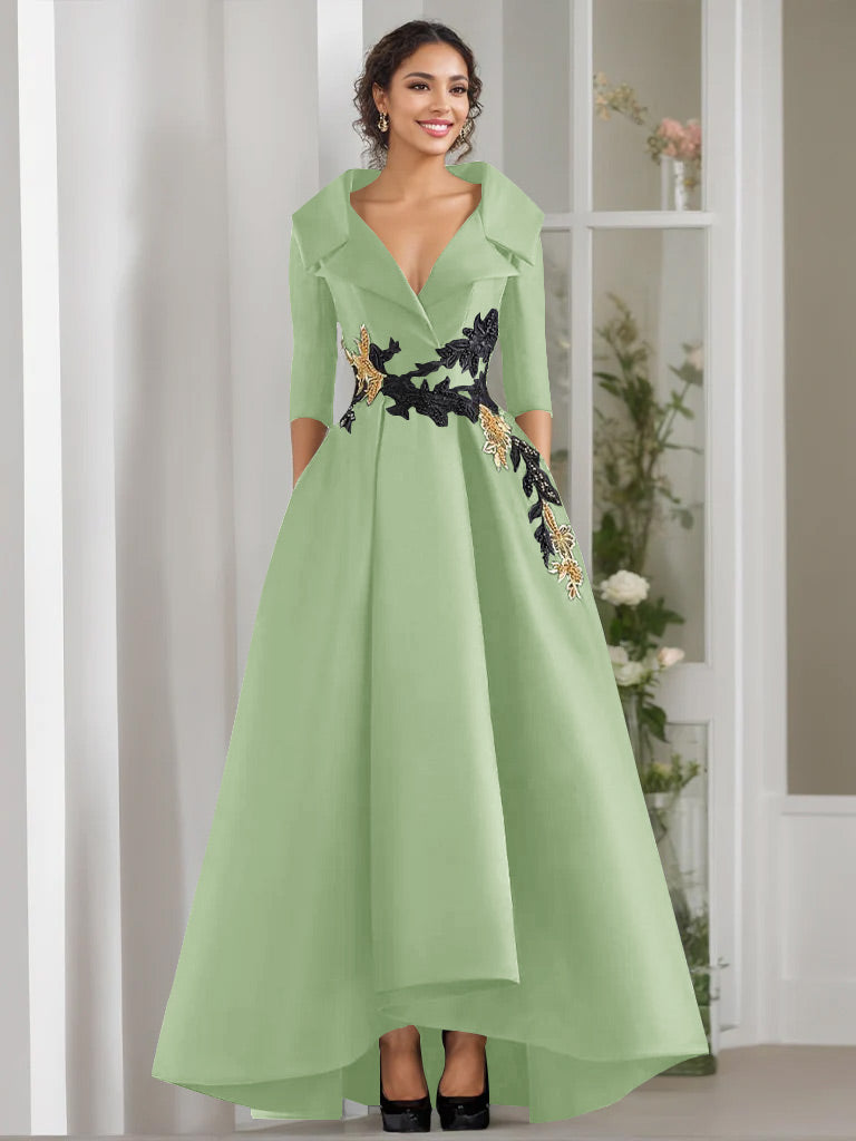 3/4 Sleeves Beading V-Neck A-Line Princess Mother of the Bride Dress with Appliques